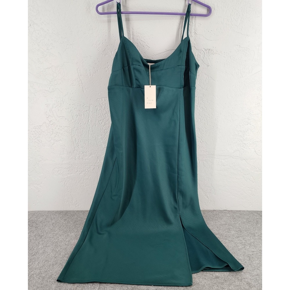 NWT A New Day Dark Green Satin Midi Slip Dress Side Slit Women Medium